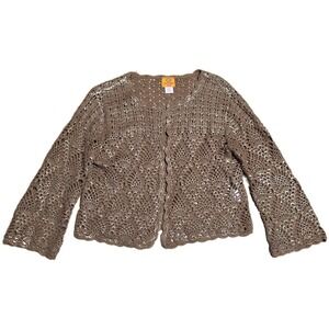 Ruby Rd Petite Crochet Cardigan Sweater Women's Size PXL Brown Gold Bell Sleeve